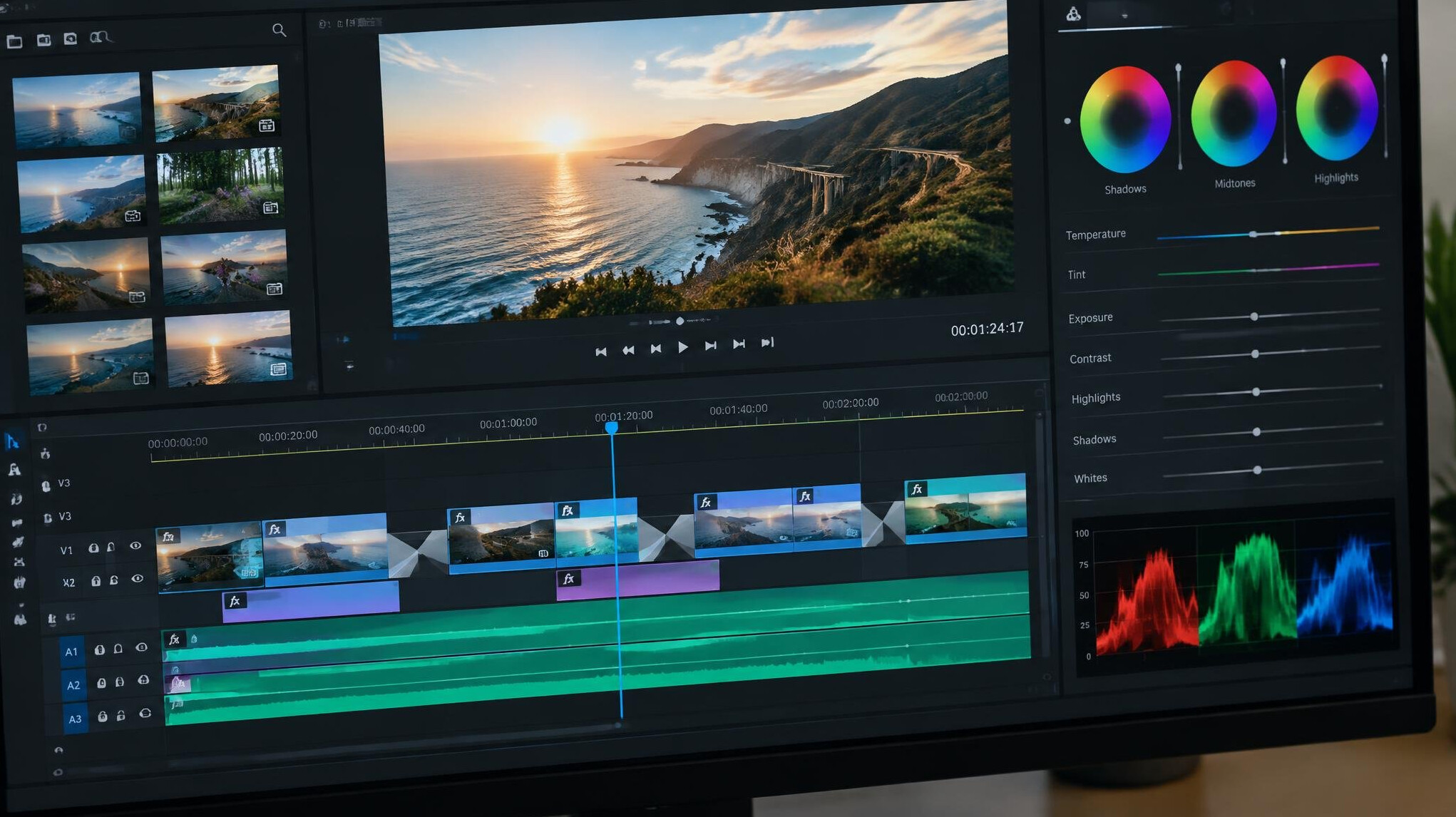 Close up of a video editing software timeline with color grading wheels on screen