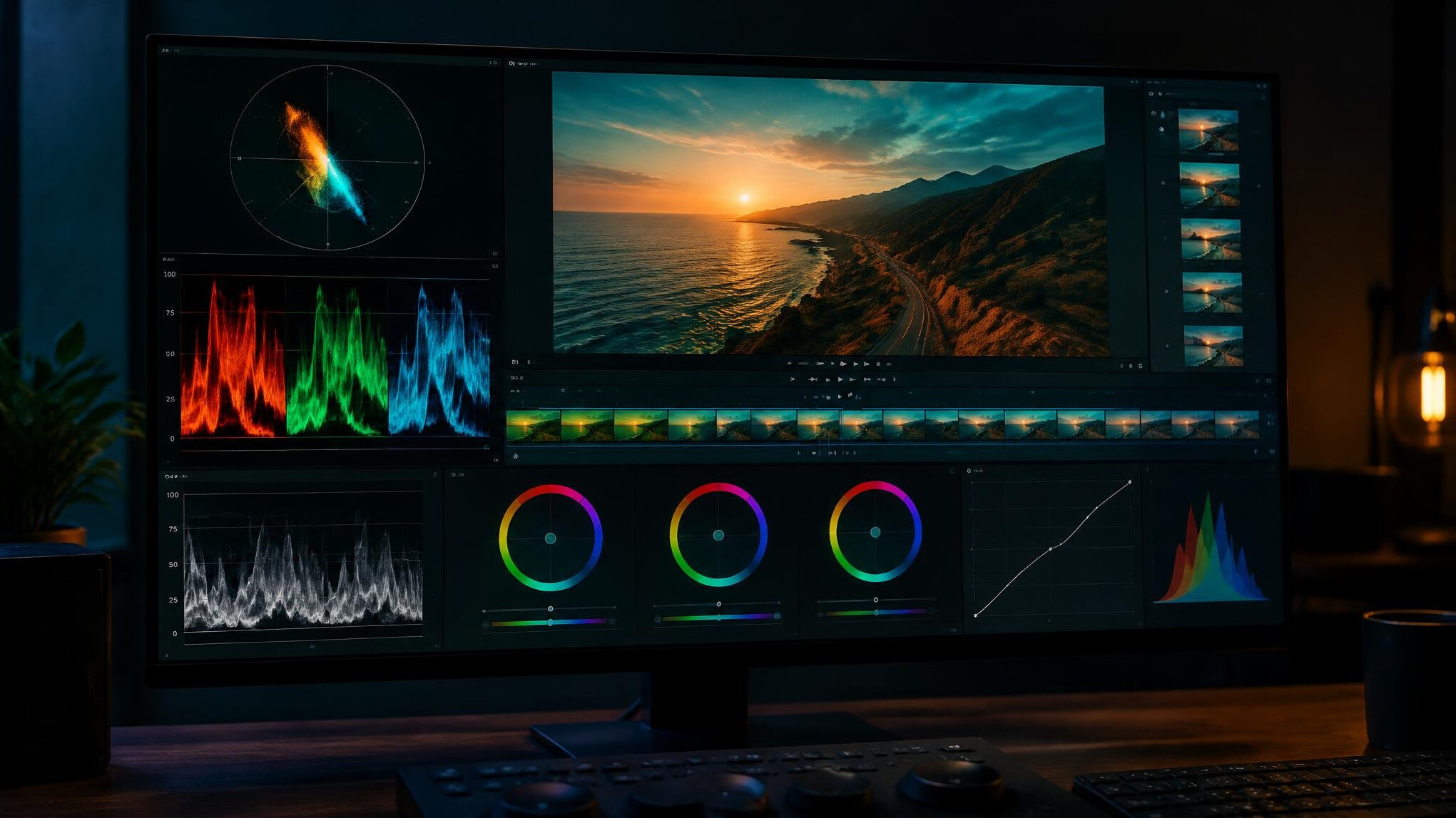 Color grading scopes and color wheels displayed on a video editing monitor