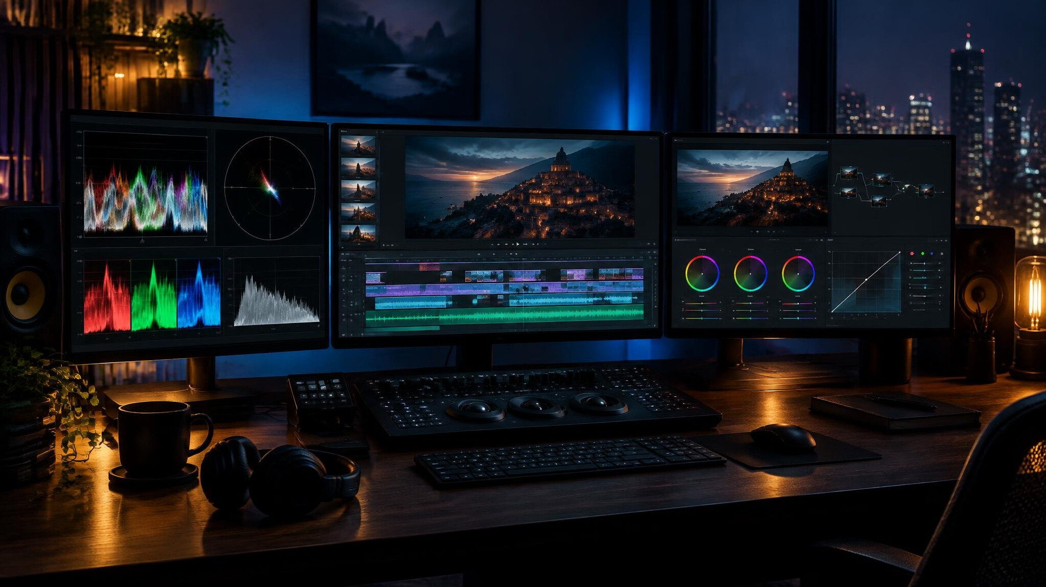 Professional video editing suite with multiple monitors showing a color graded film timeline
