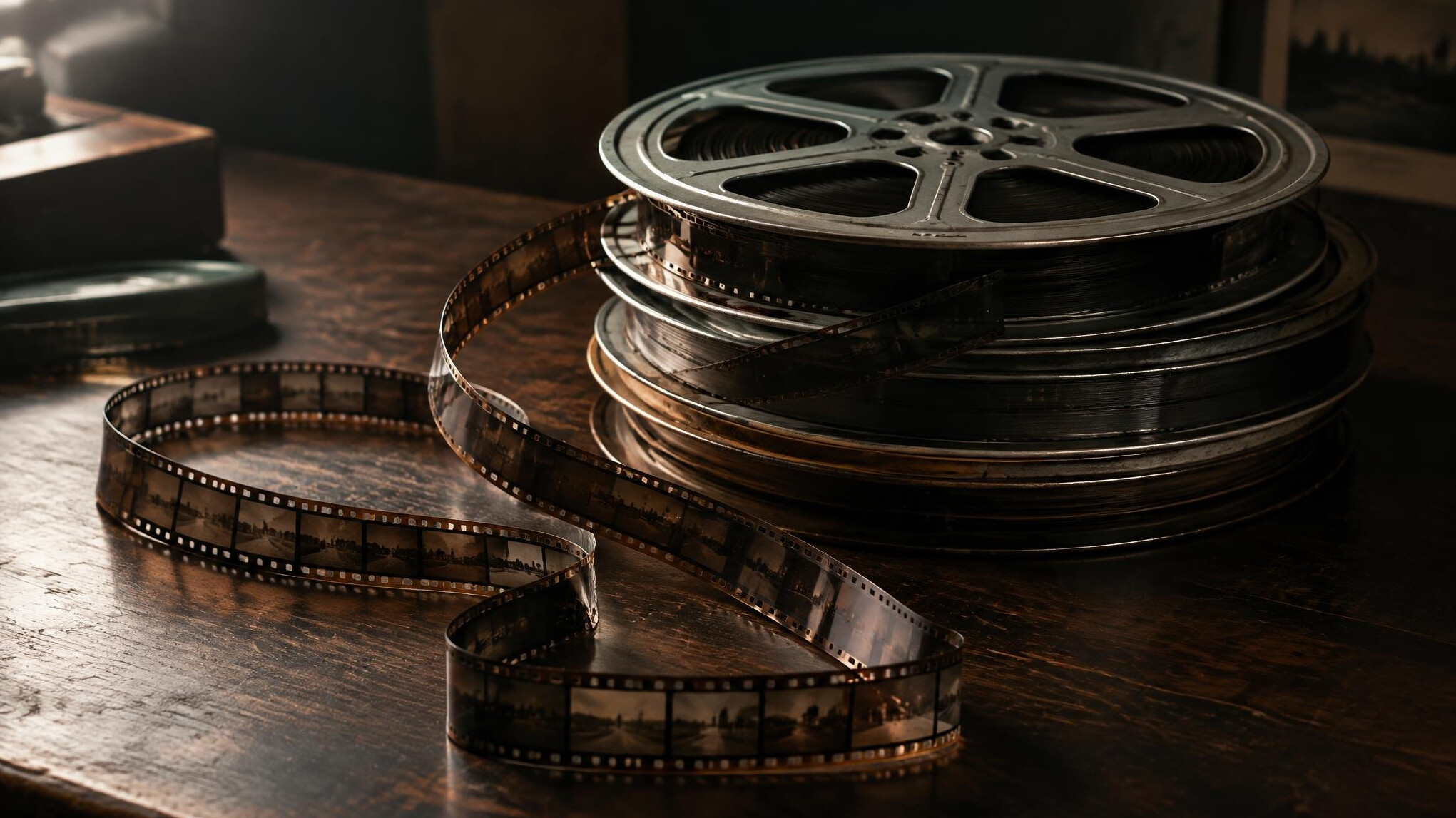 Stack of vintage film reels and celluloid strips on a wooden table