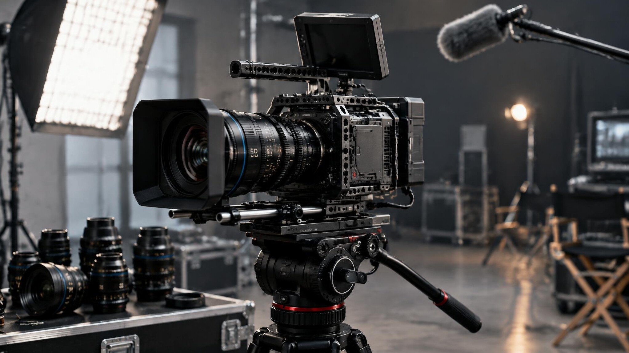 Professional cinema camera with lenses and lighting equipment in a film studio