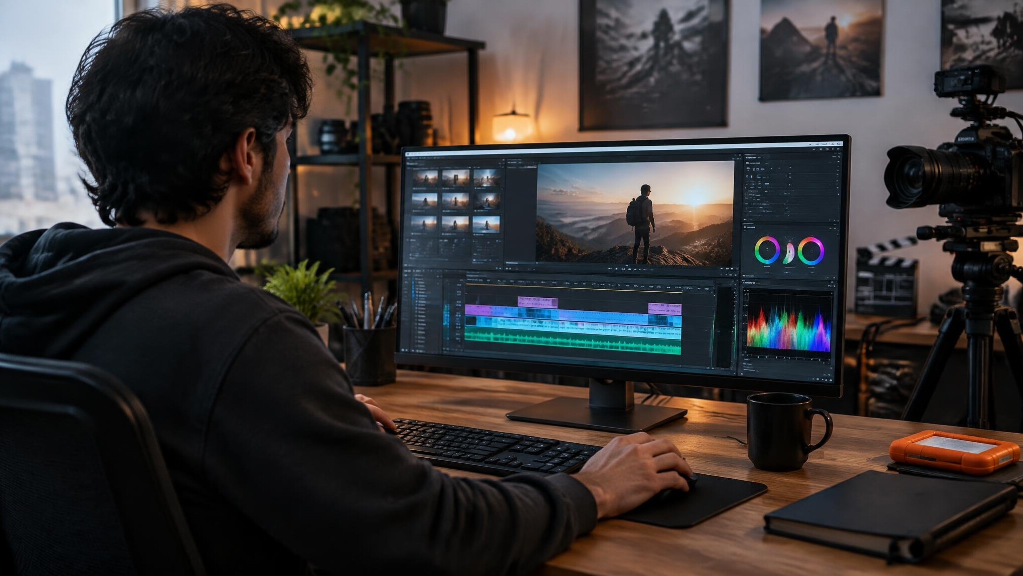 video editor working on computer